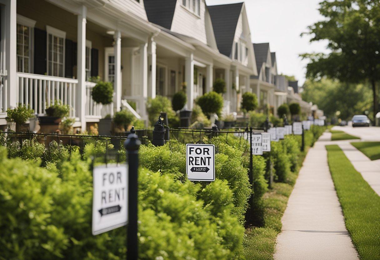A row of well-maintained rental properties with "For Rent" signs, surrounded by a stable and flourishing neighborhood despite a downturned market